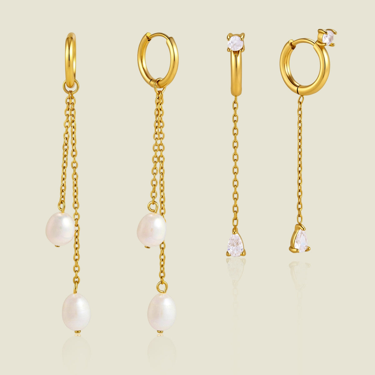 Long chain hoop earrings with white beads and clear teardrop options