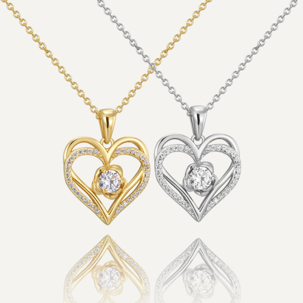gold plated and silver-finish double heart halo pendant necklaces with clear stones