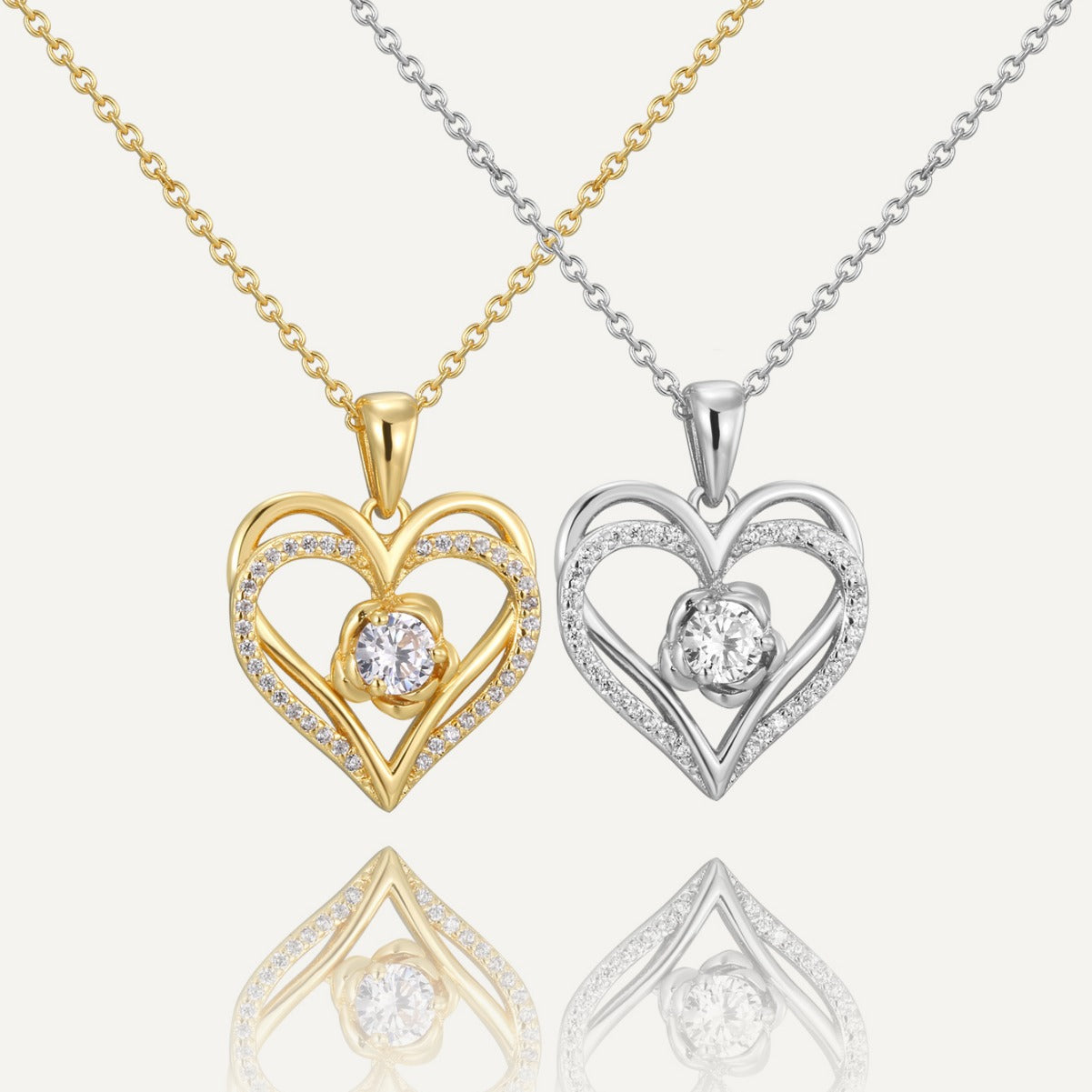 gold plated and silver-finish double heart halo pendant necklaces with clear stones