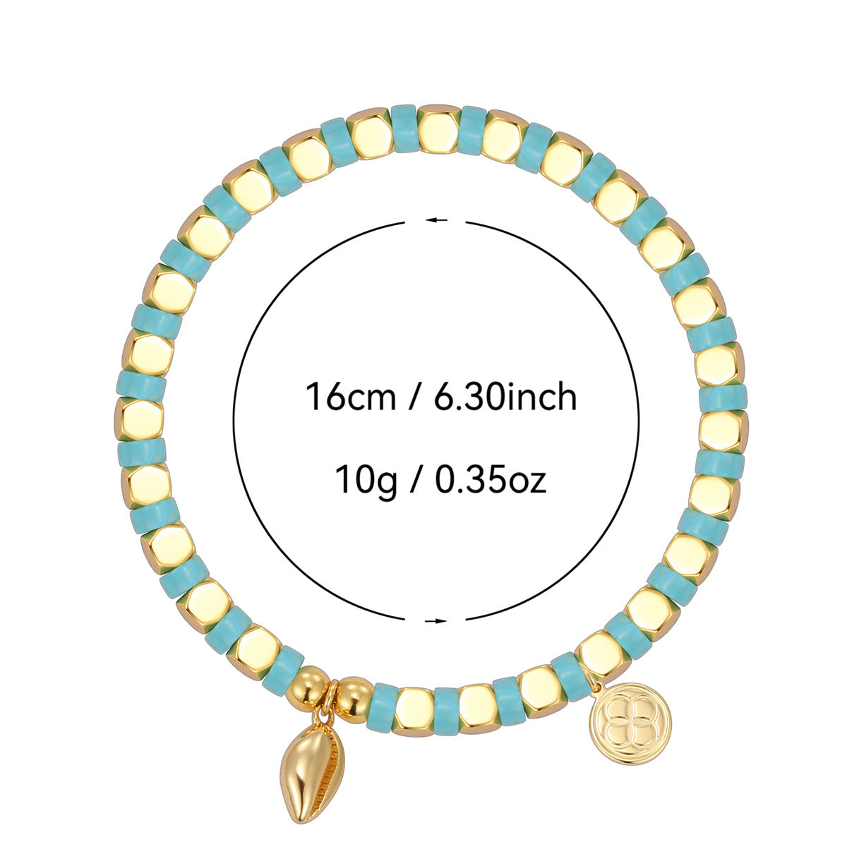 cowrie bead bracelet with supplier-listed 16 cm size and 10 g weight