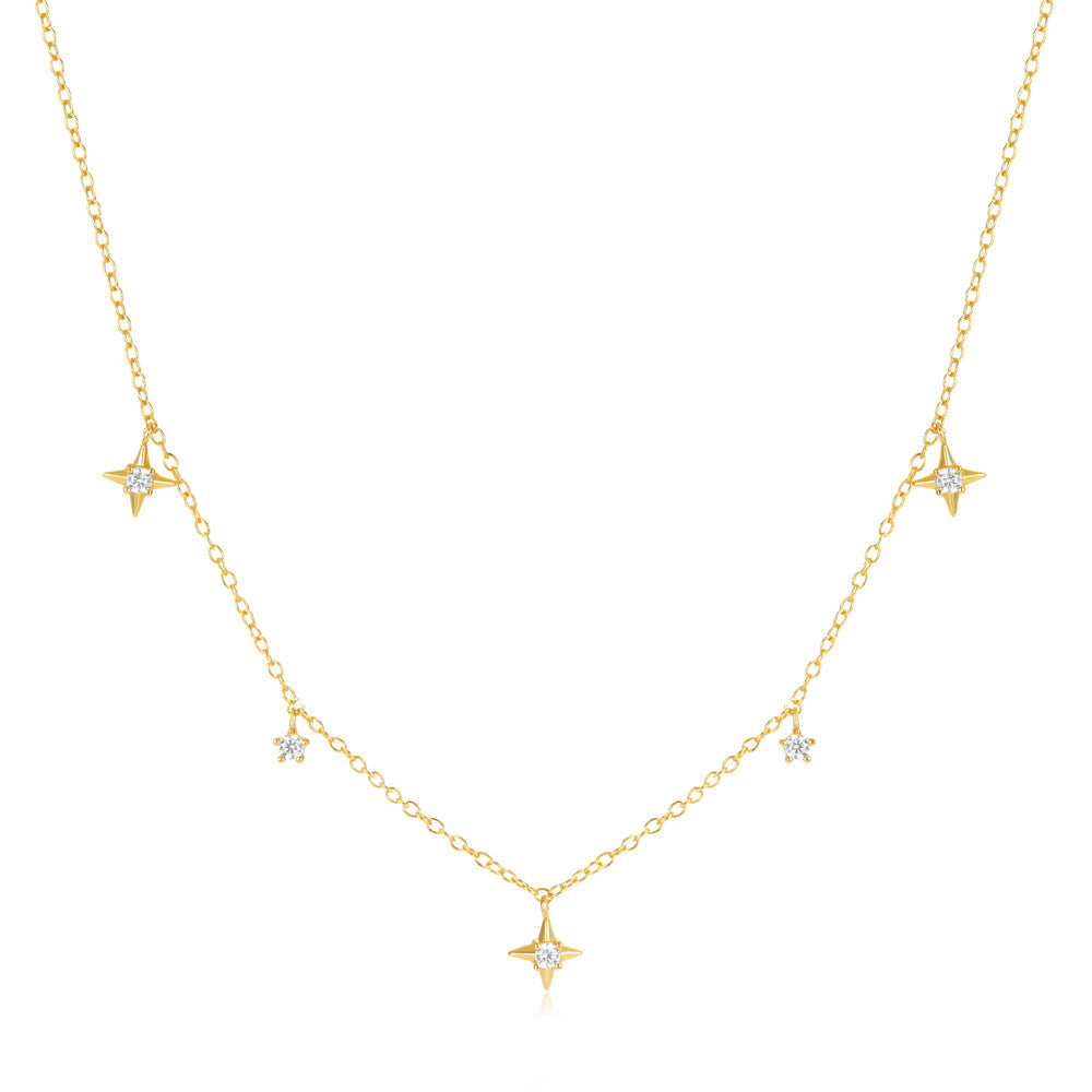 front view of five spaced four-point zirconia star accents