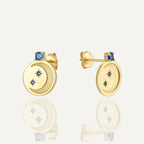 gold plated blue celestial disc stud earrings front and side view