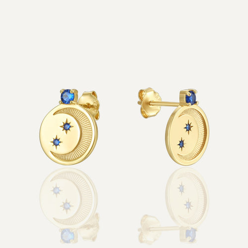 gold plated blue celestial disc stud earrings front and side view
