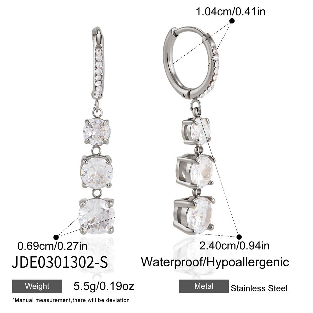 Silver-tone three-stone hoop drop dimensions