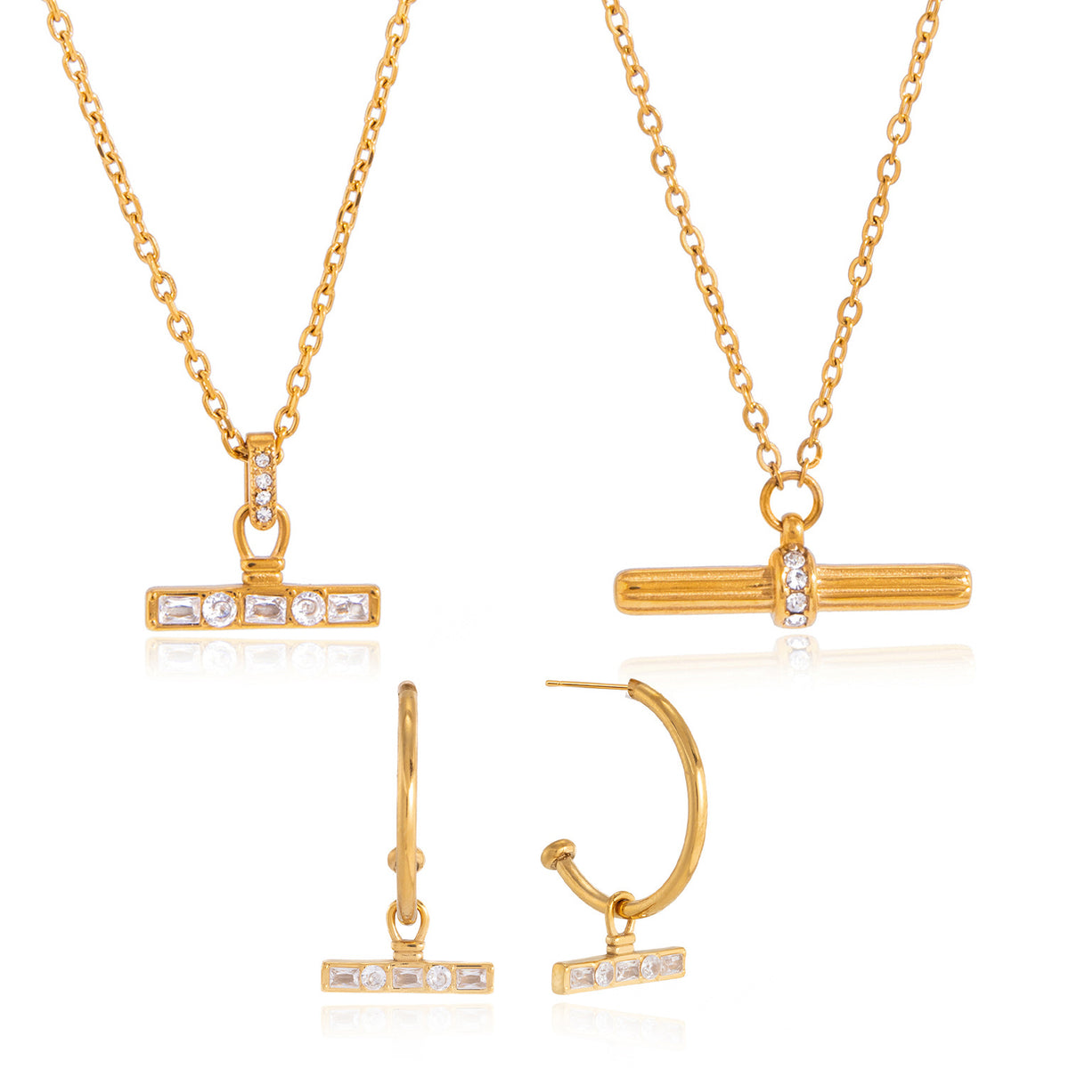 T-bar necklace and hoop earring options on white
