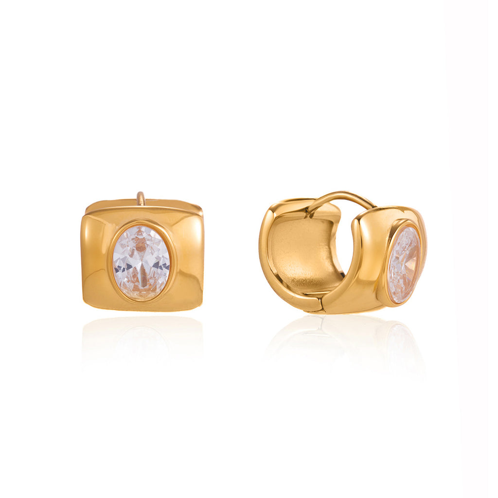 front and side views of gold plated oval stone huggies