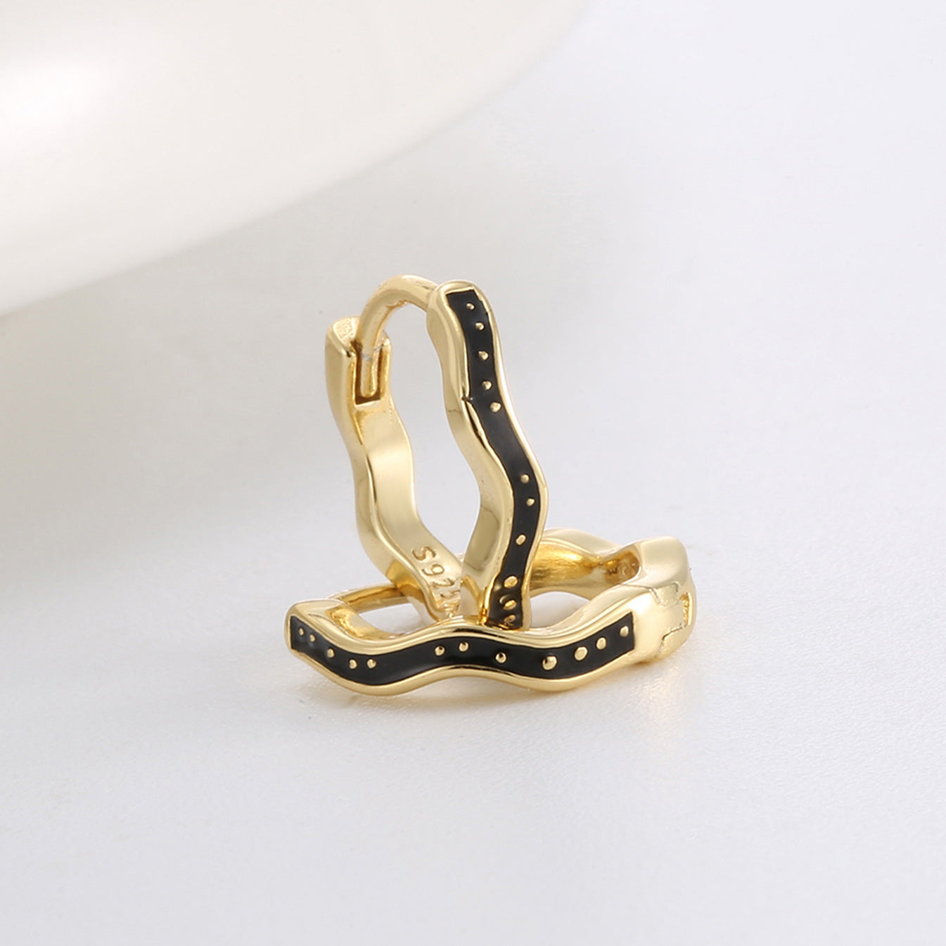 Gold Plated 925 Sterling Silver Black Resin Wave Hoop Earrings — stacked hoops showing dotted black fronts