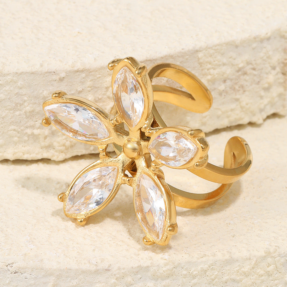 gold plated marquise clear-stone flower open ring