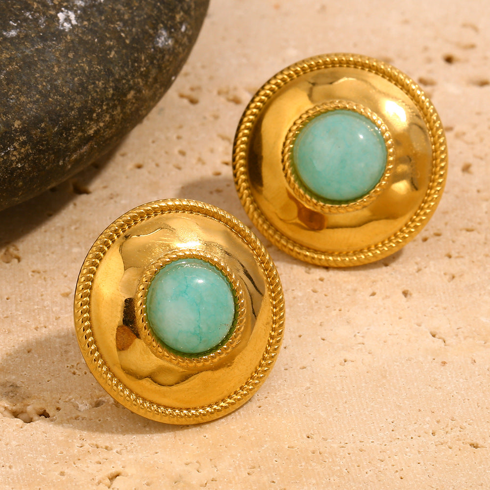 gold plated amazonite medallion stud earrings on stone