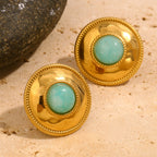 gold plated amazonite medallion stud earrings on stone