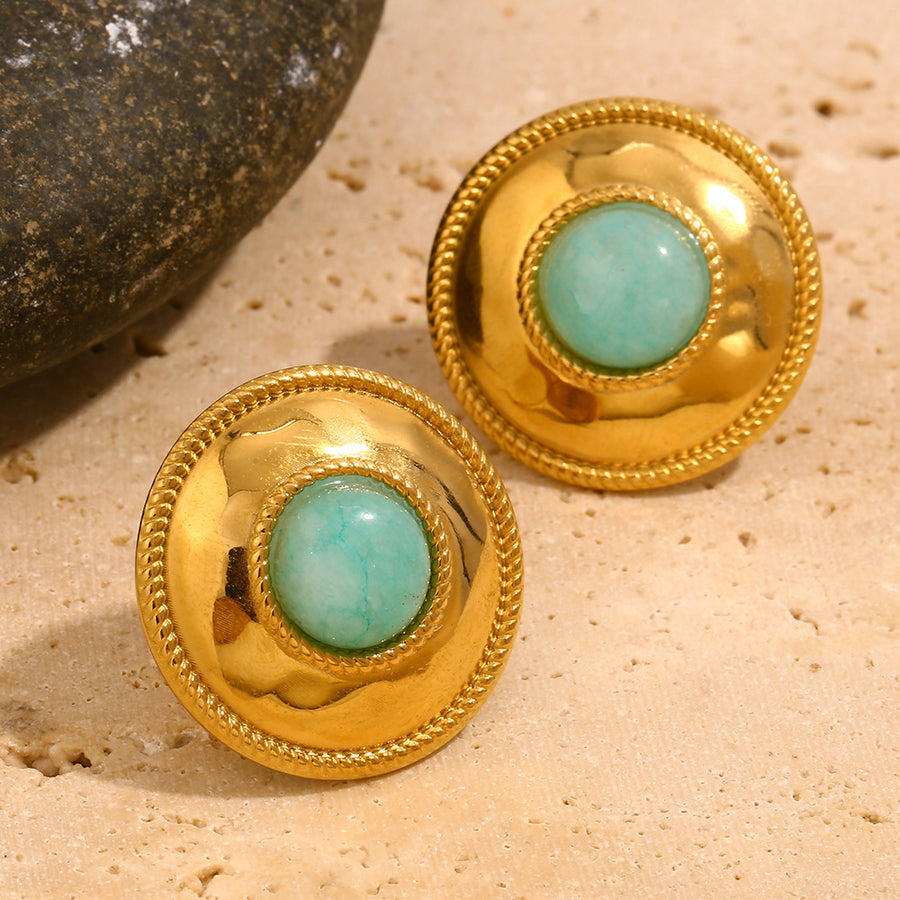 gold plated amazonite medallion stud earrings on stone