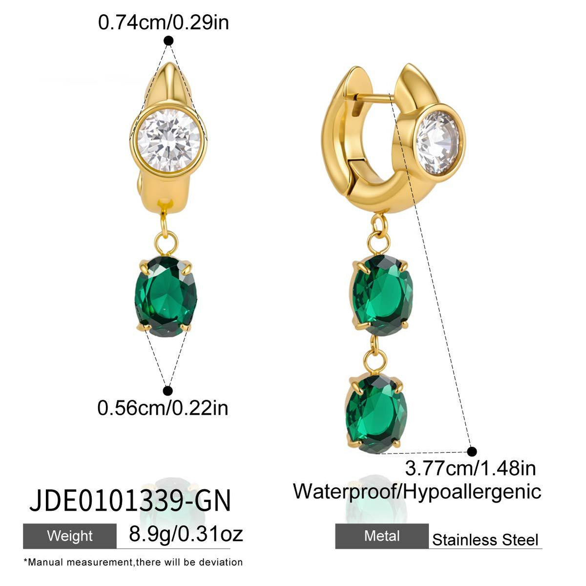 Green zirconia drop earrings with hinged hoop detail