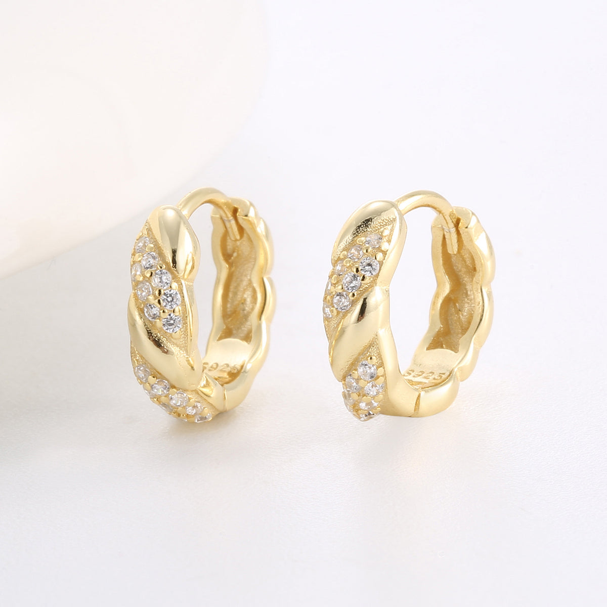 gold plated 925 sterling silver twisted pavé huggie hoop earrings — product image 2 of 9