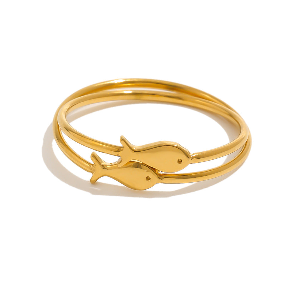 Gold Plated 316L Stainless Steel Small Fish Band Ring — two slim fish rings stacked together
