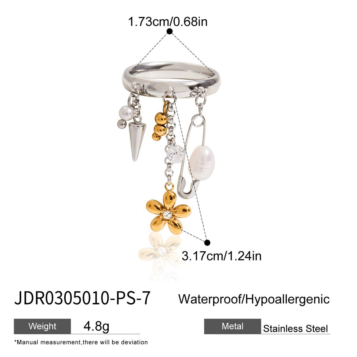 Mixed-metal white drop fringe ring dimensions