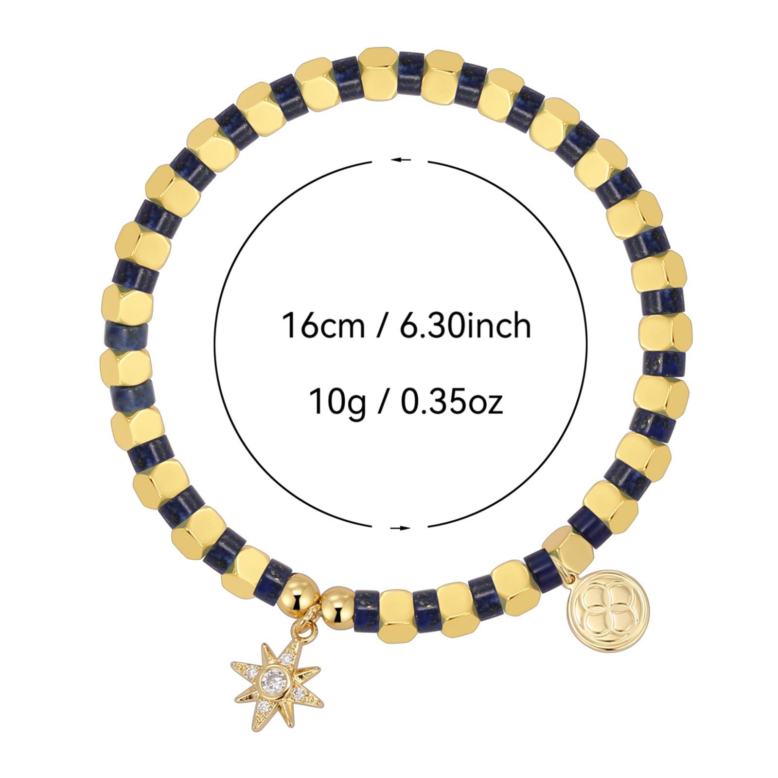 beaded charm bracelet with supplier-listed 16 cm length and 10 g weight