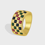 isolated gold plated multicolor square zirconia band ring