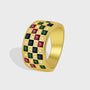 isolated gold plated multicolor square zirconia band ring