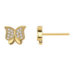 front and side views of petite gold plated butterfly studs