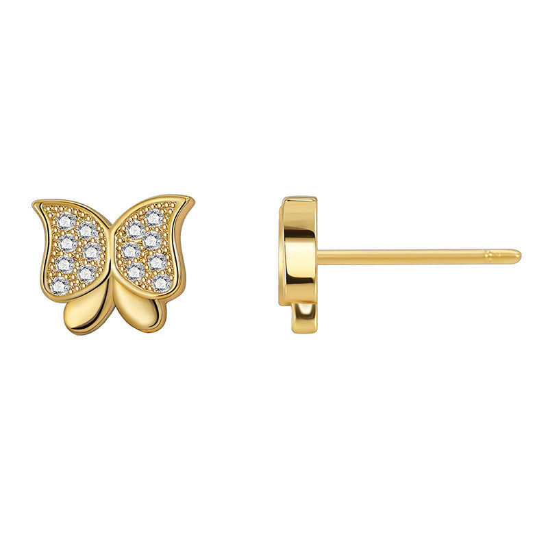 front and side views of petite gold plated butterfly studs