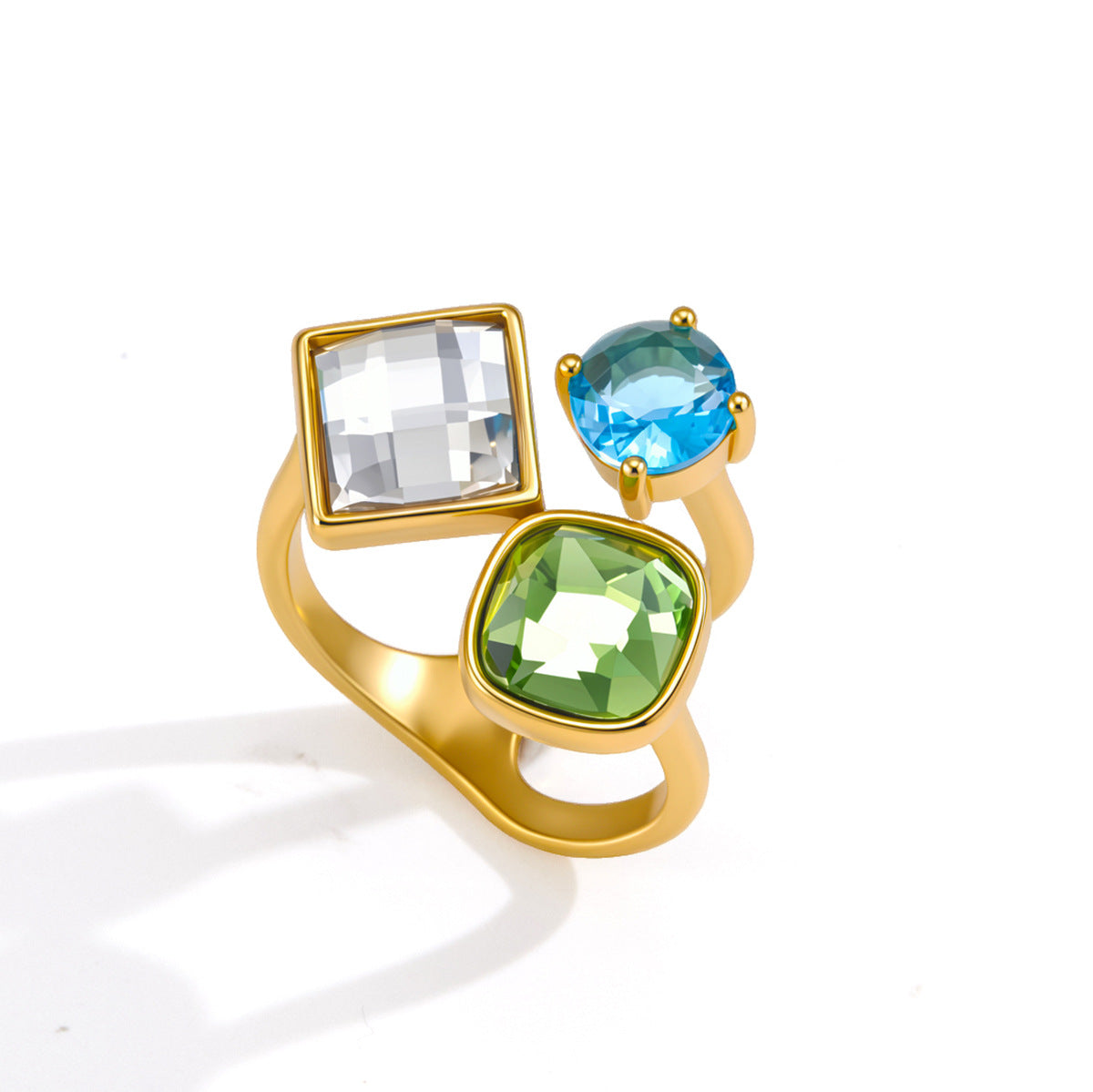 Clear blue and green stone settings close-up