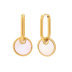 White disc stainless steel drop hoop earrings front view