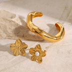 Sculptural Stainless Steel Cuff Bracelet and Flower Rings — sculptural open cuff option