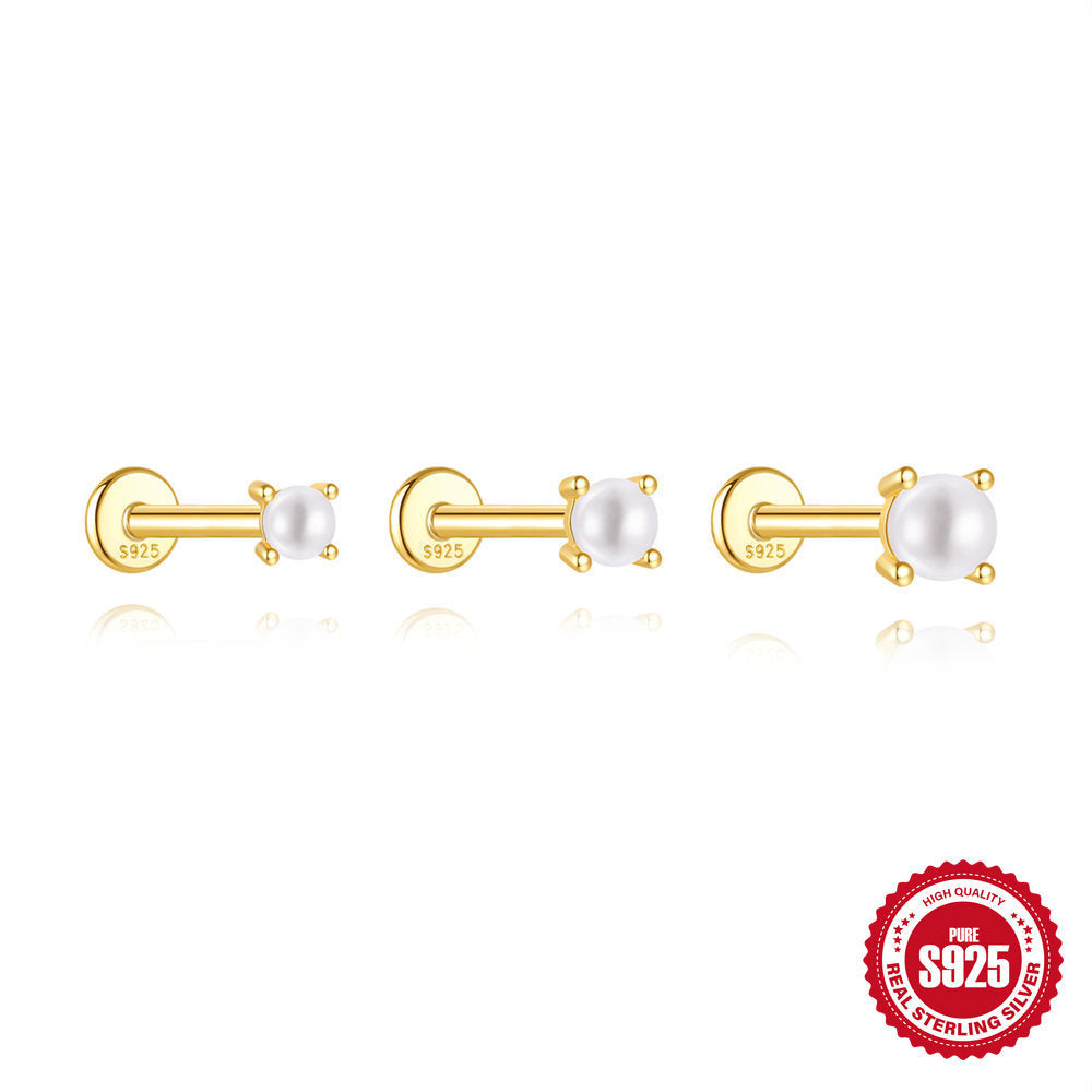 three sizes of gold plated 925 silver white resin bead flat-back earrings