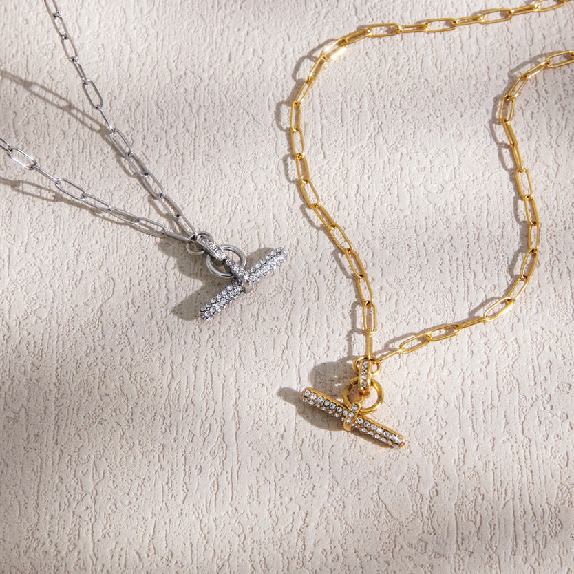 Gold and steel color pave T-bar necklaces