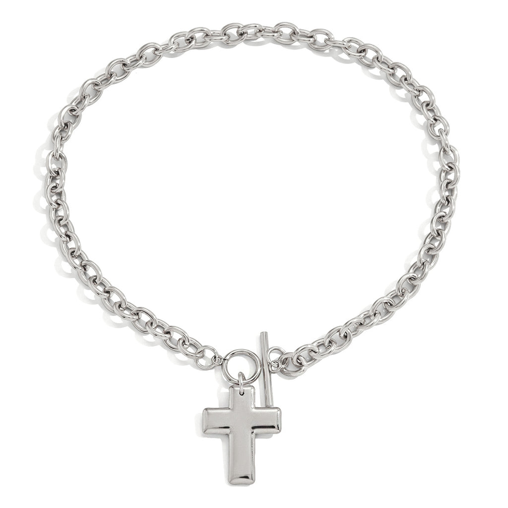 isolated silver-finish cross pendant toggle chain necklace