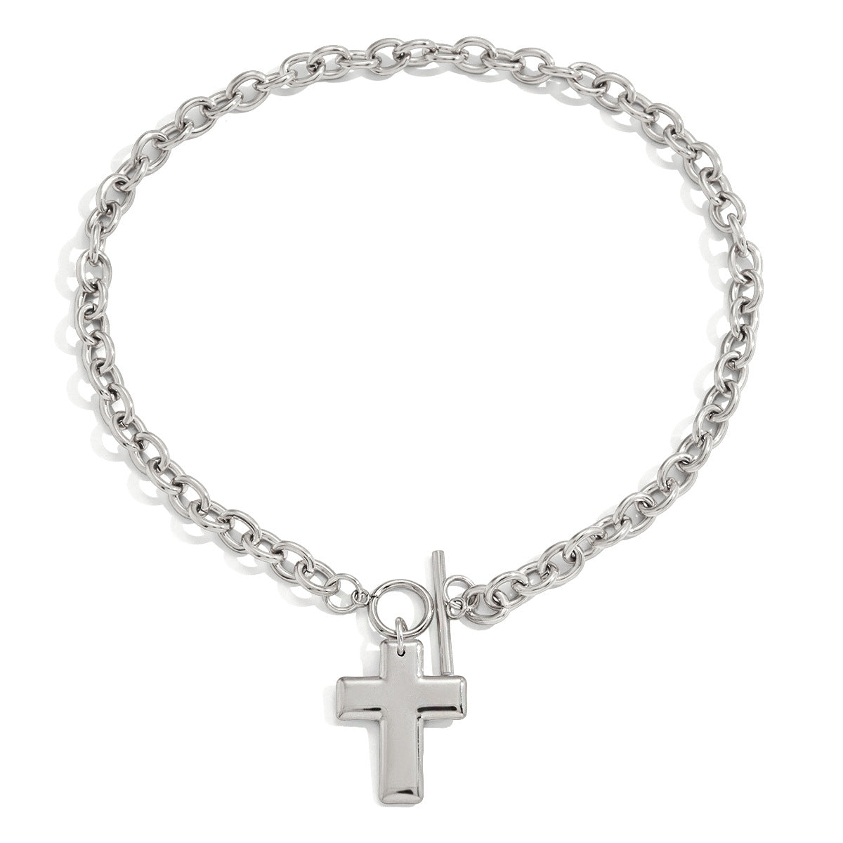 isolated silver-finish cross pendant toggle chain necklace
