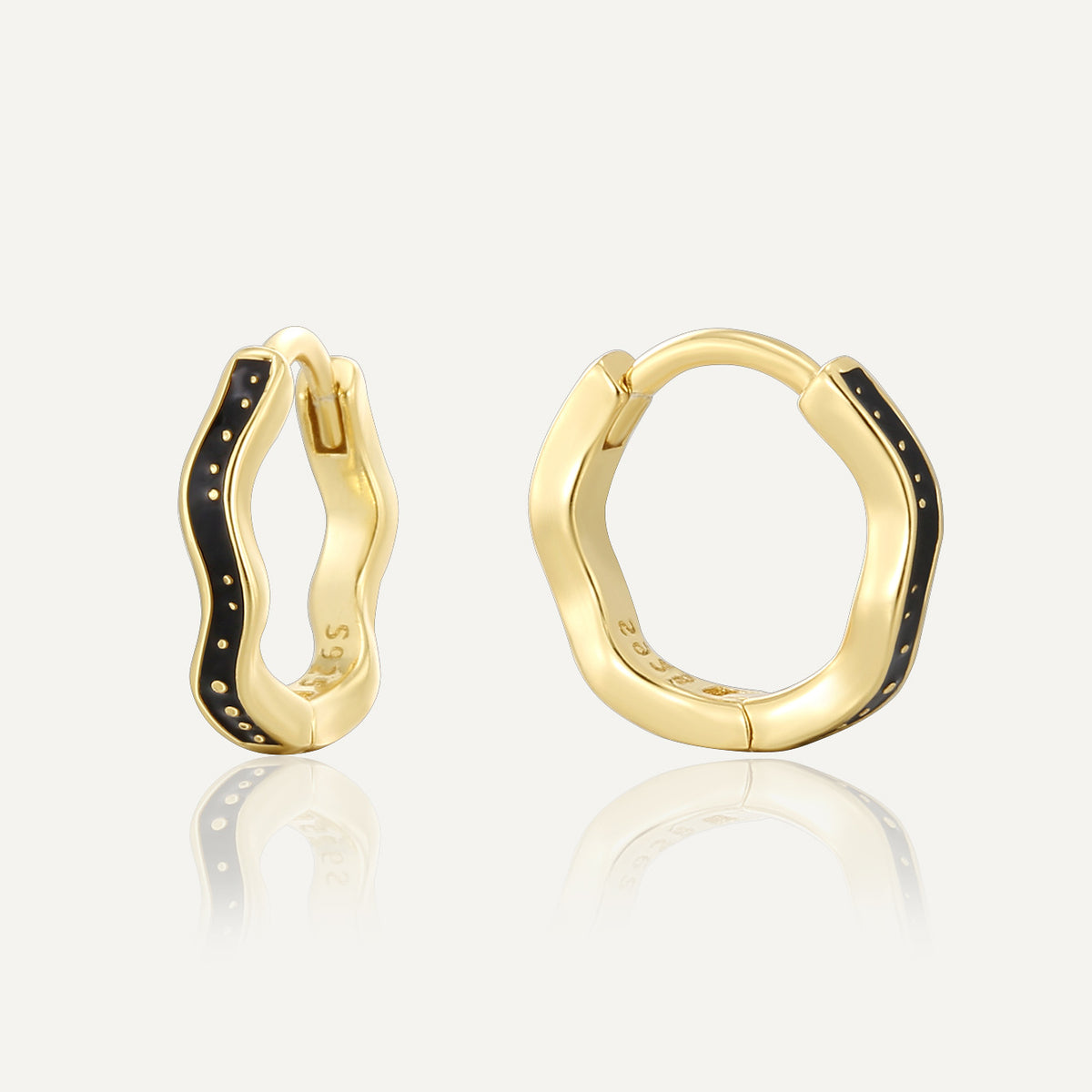 Gold plated 925 sterling silver black resin wave hoop earrings