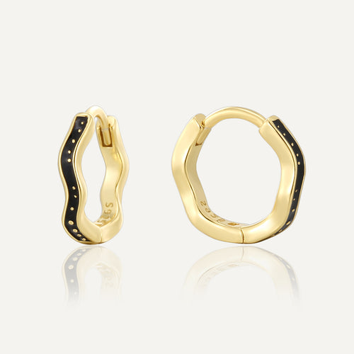 Gold plated 925 sterling silver black resin wave hoop earrings