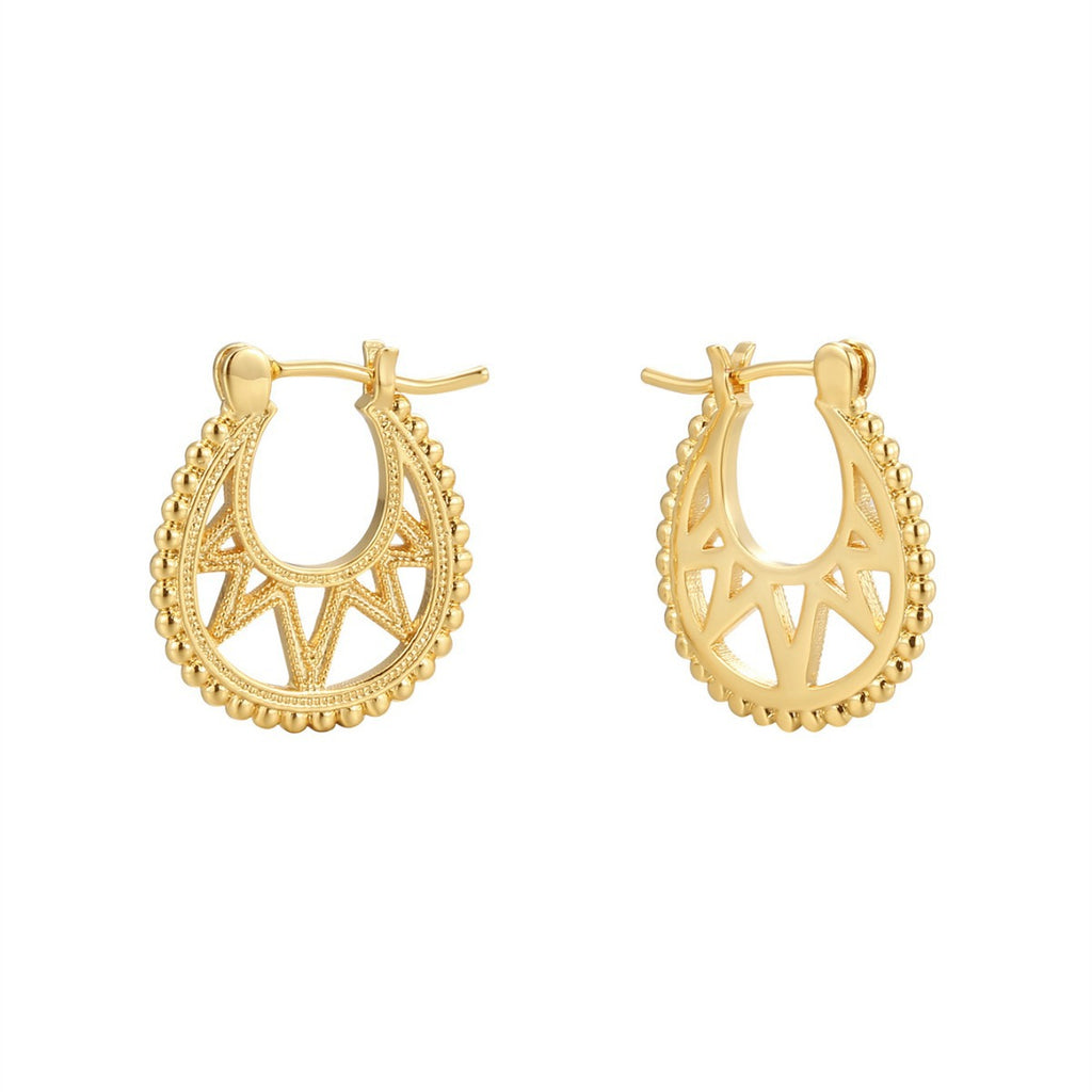 front and back view of gold plated radial openwork hoops