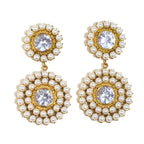 isolated front view of round pearl halo zirconia earrings