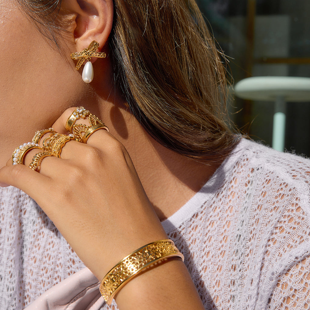 Gold-Tone Imitation Pearl Bow Drop Earrings — front view