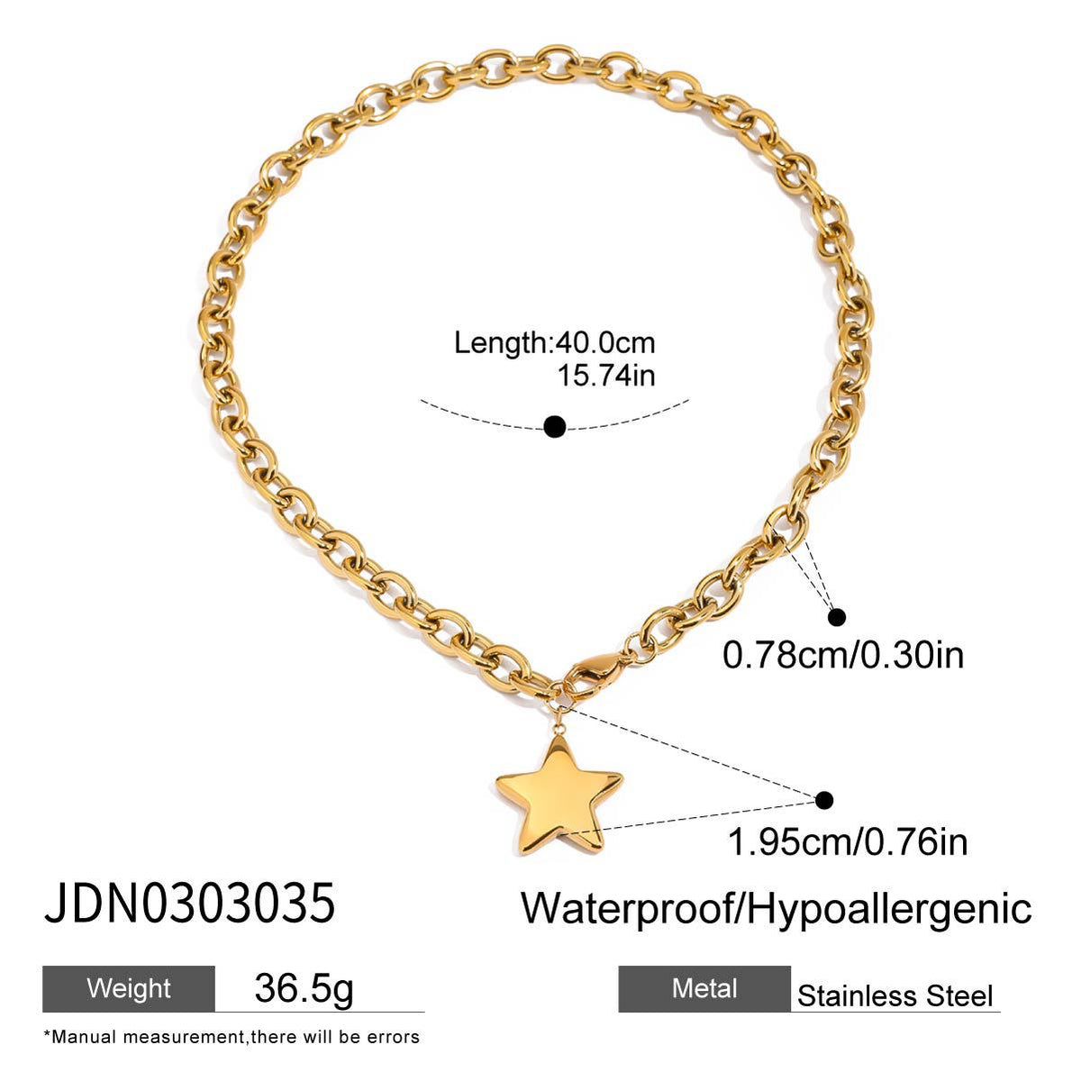 Gold-tone single star necklace with length diagram