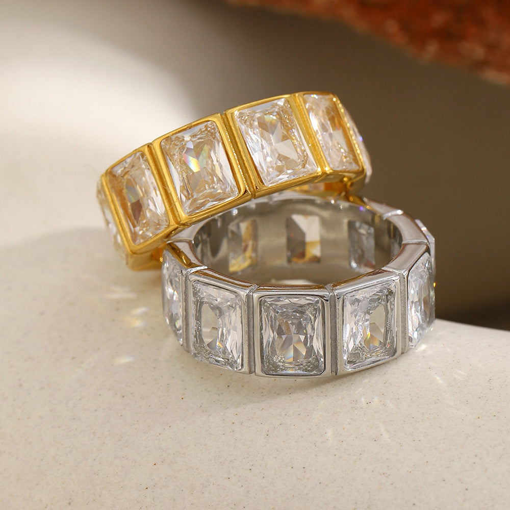 stacked gold plated and silver-finish square stone rings