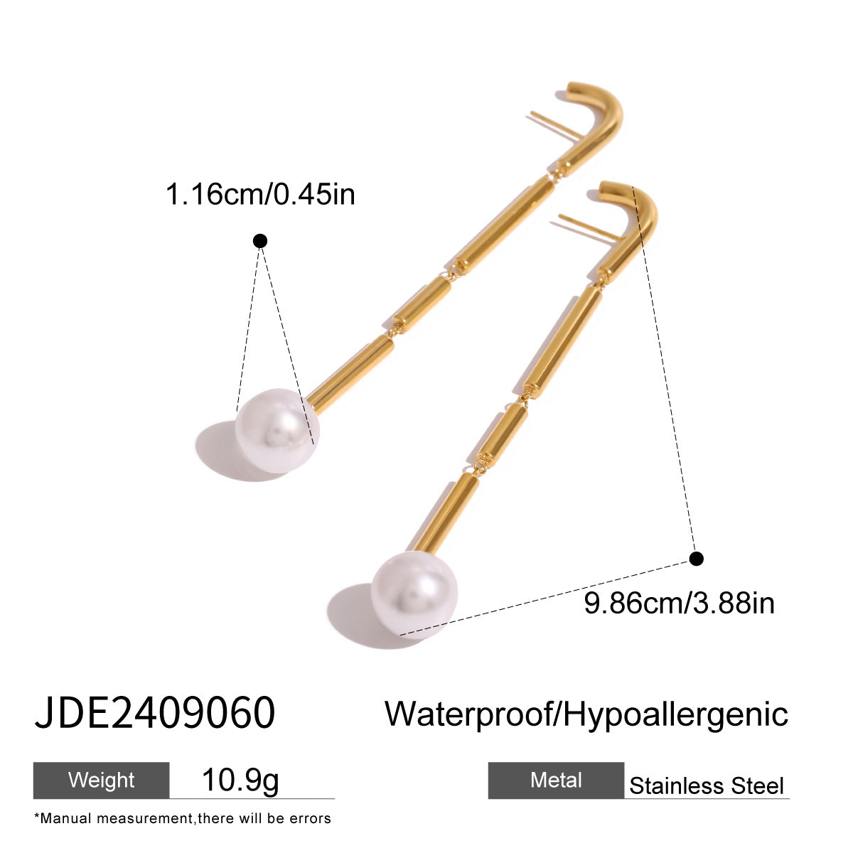 Gold-Tone Pearl-Look Linear Stainless Steel Drop Earrings size and proportion reference
