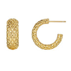 front and side views of openwork gold plated C hoop earrings