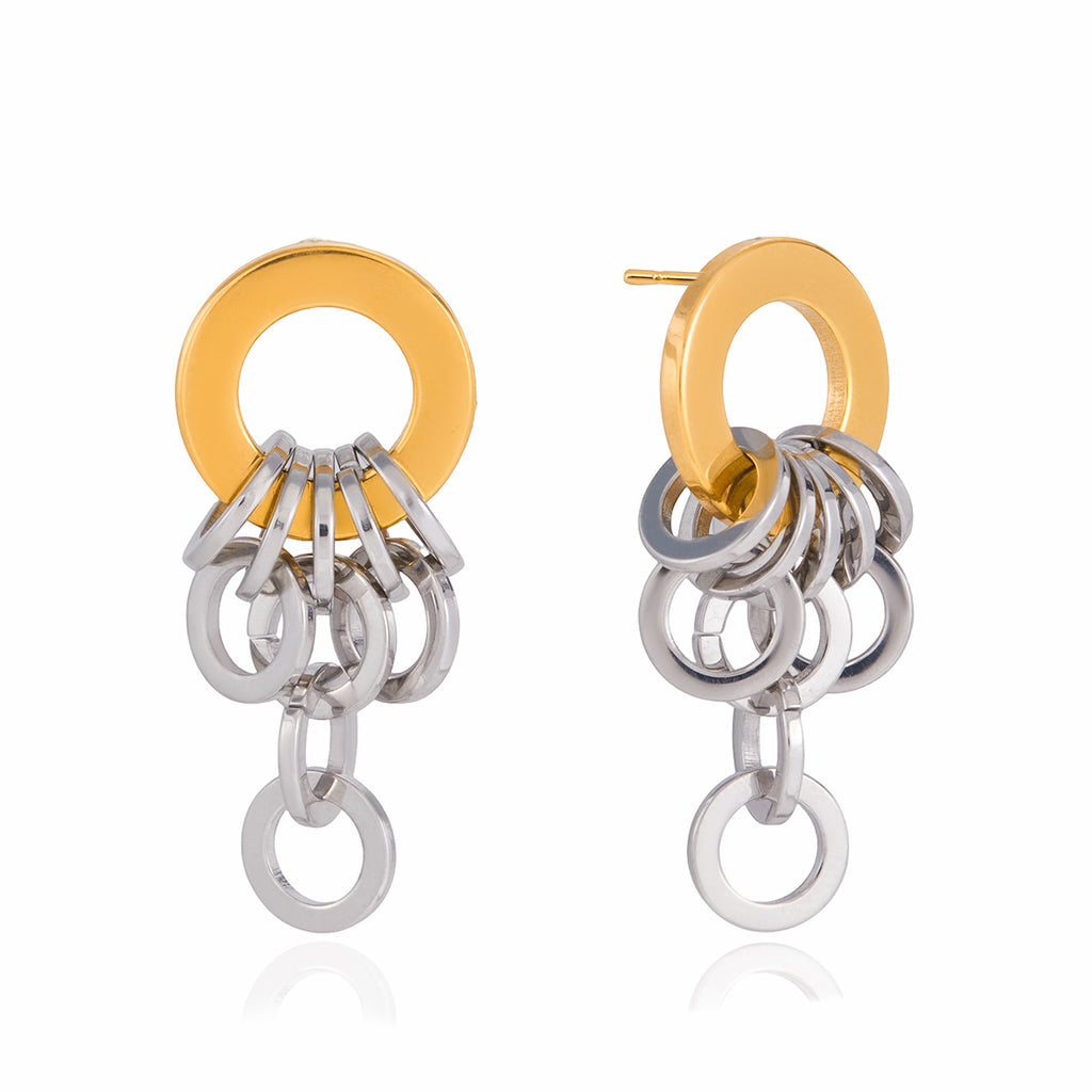 front and side views of two-tone open-ring cluster drop earrings