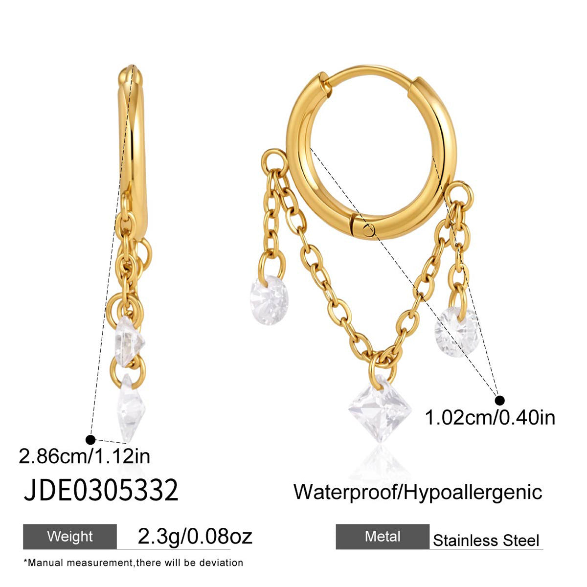 Shorter draped hoop with geometric stone drop dimensions
