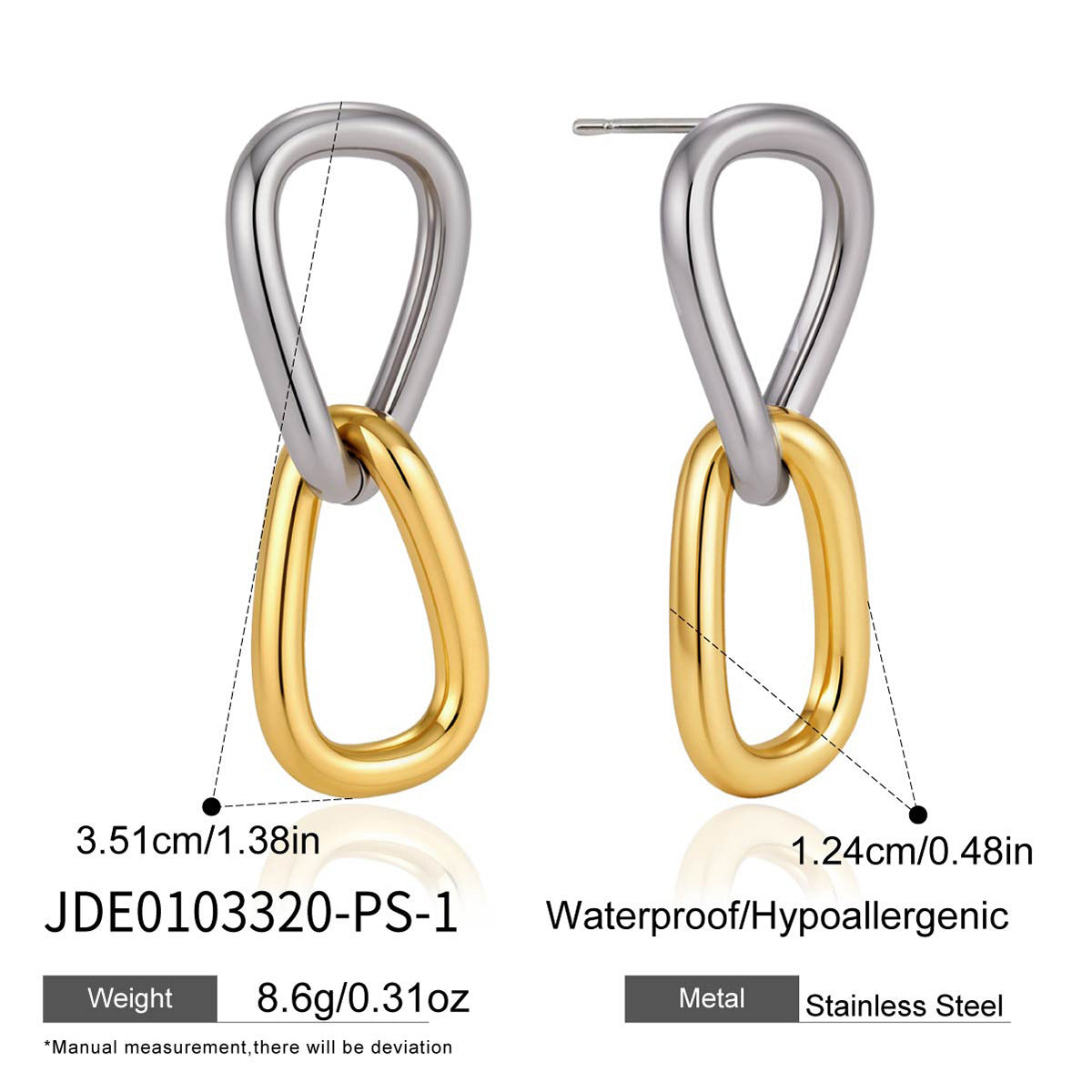 Silver tone top and gold tone lower link earring specification view
