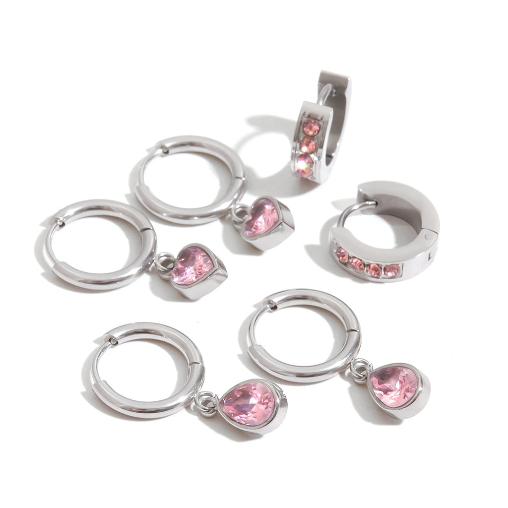 Pink Clear-Stone Stainless Steel Hoop Earring Collection finish and shape detail