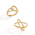 Front views of loop and crossover rhinestone designs