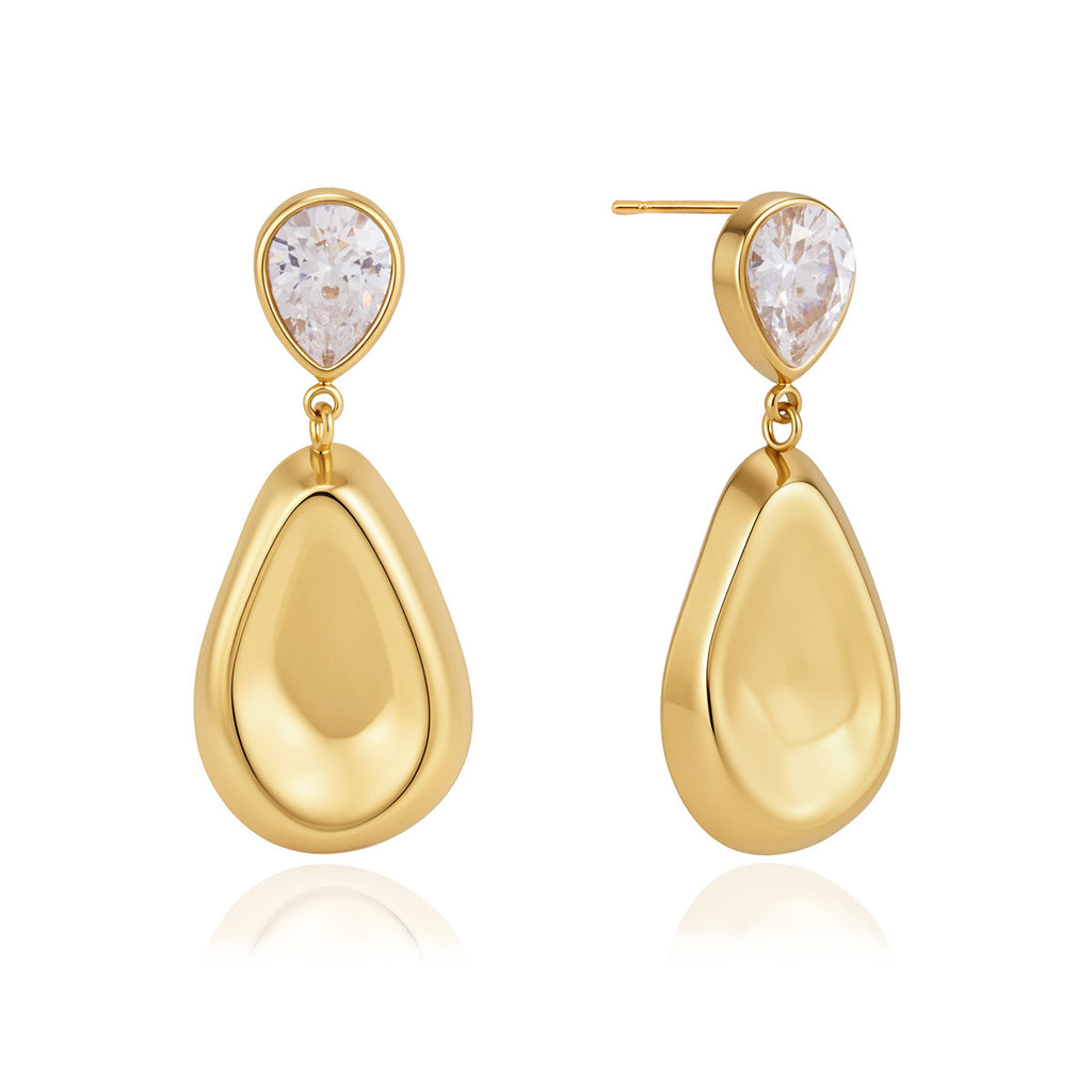 Front and side views of pear stone and metal drop earrings