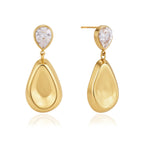 Front and side views of pear stone and metal drop earrings