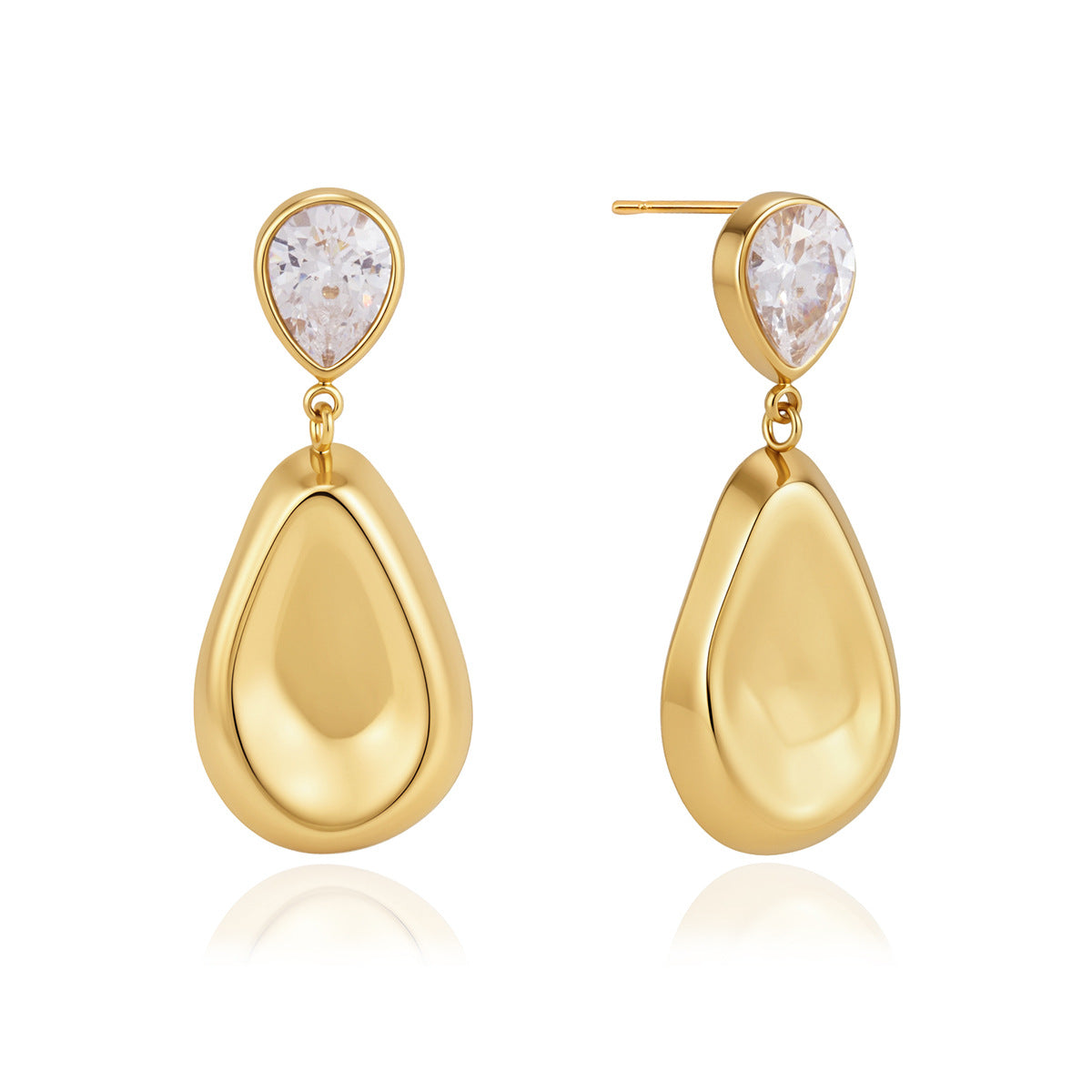 Front and side views of pear stone and metal drop earrings