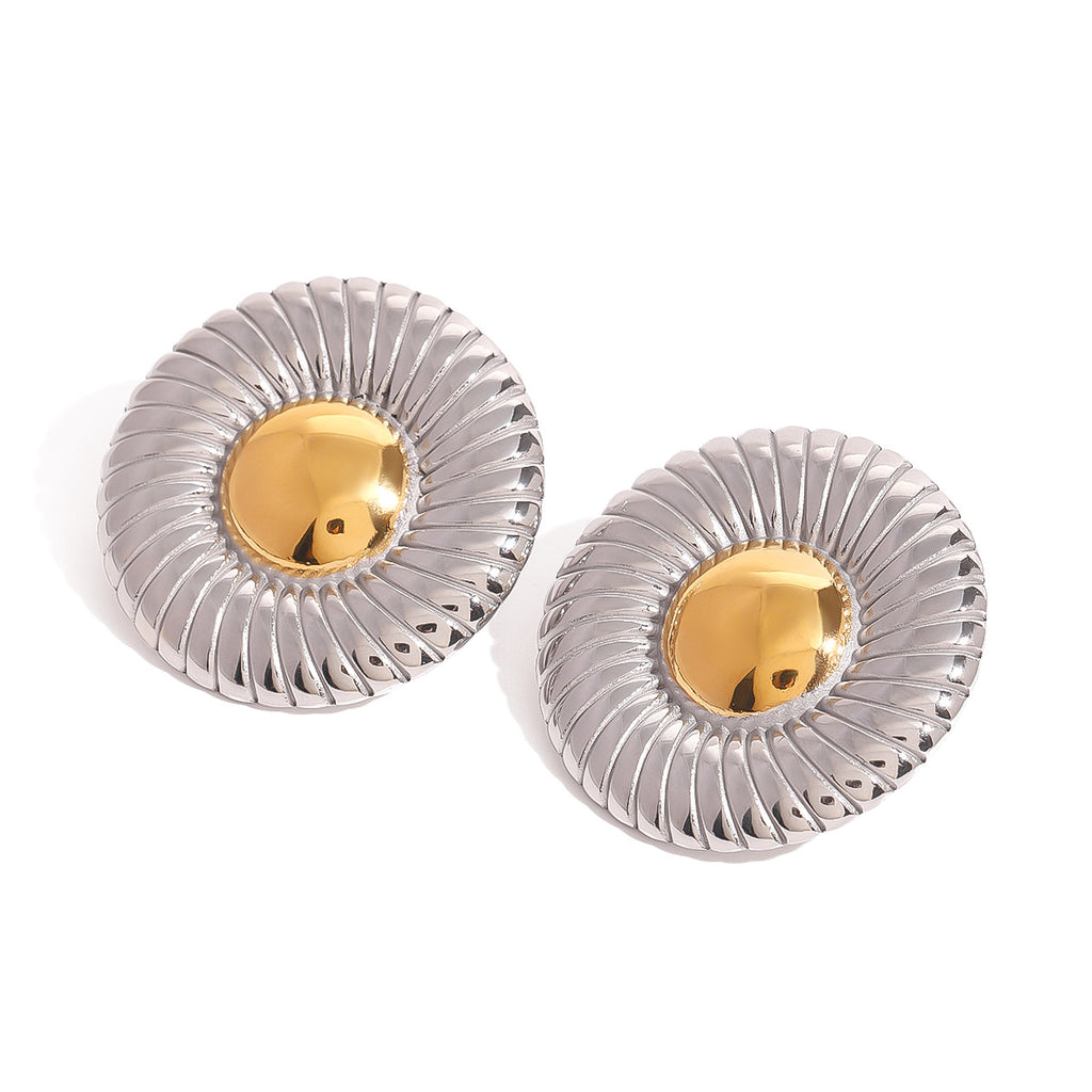 Two-Tone Circular Stainless Steel Statement Stud Earrings — alternate angle