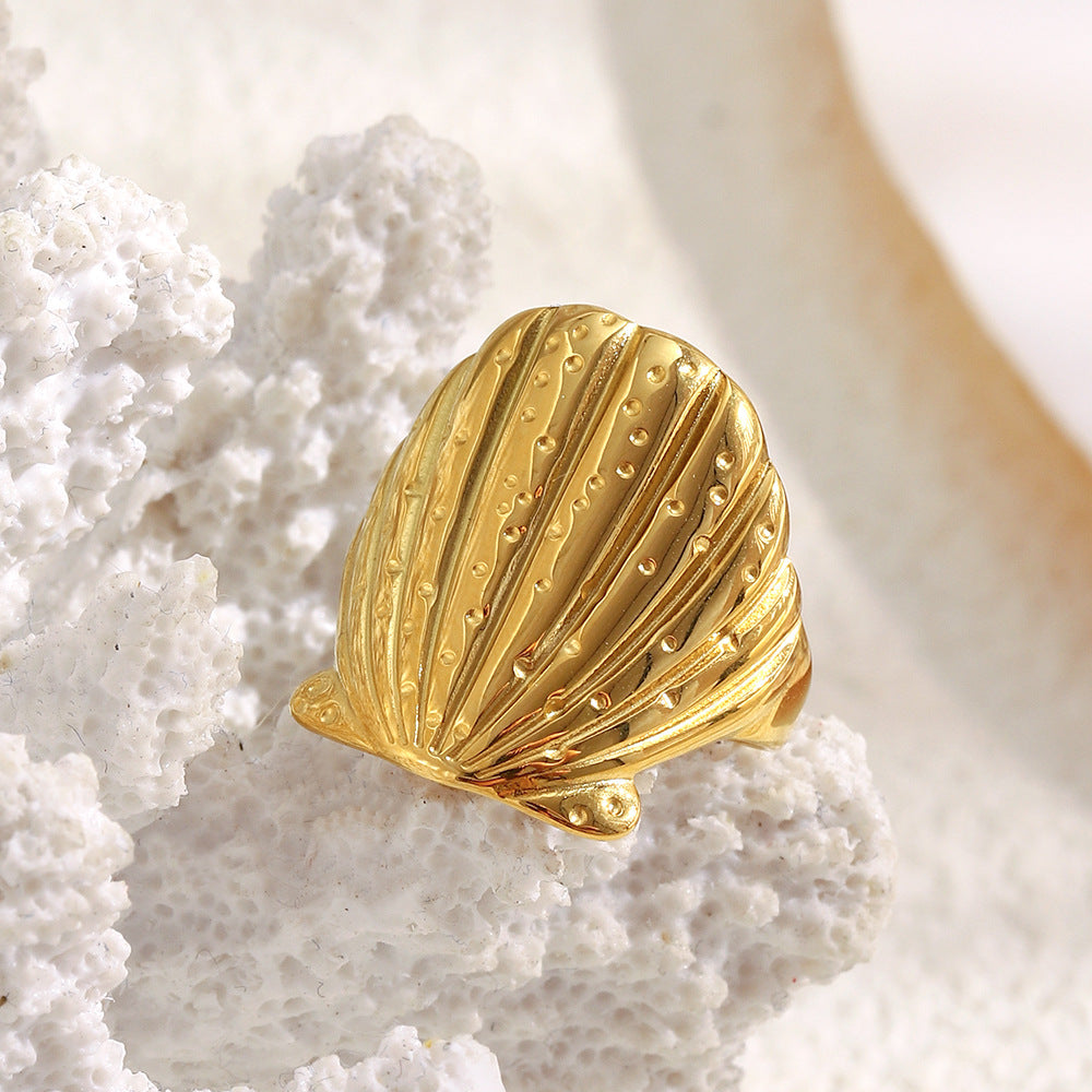 Gold plated 316L stainless steel textured scallop shell ring